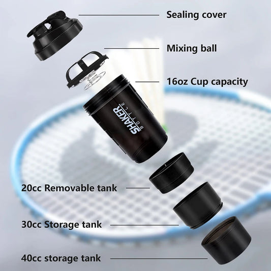 3-Layer Shaker Protein Bottle Plastic Mixing Cup Powder Shake Water Bottle