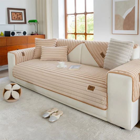 Thick Striped Imitation Rabbit Fur Plush Sofa Cover – Non-Slip Couch Cushion, Slipcover & Towel Blanket