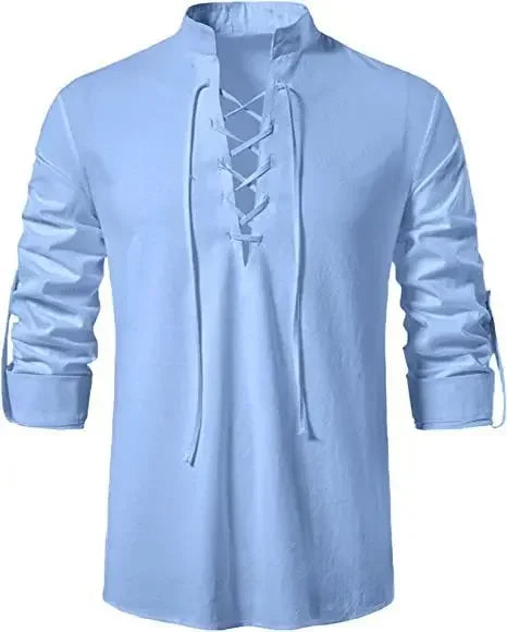 Haut décontracté à lacets et col en V à manches longues pour hommes