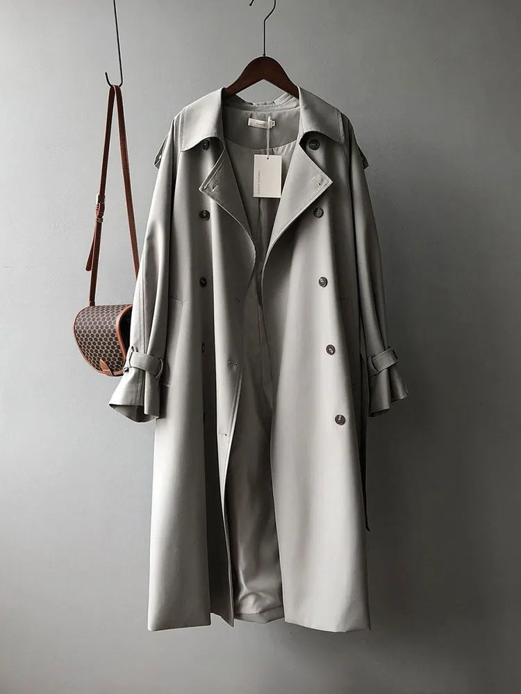 Trenchs longs chics à manches longues et à double boutonnage pour femmes