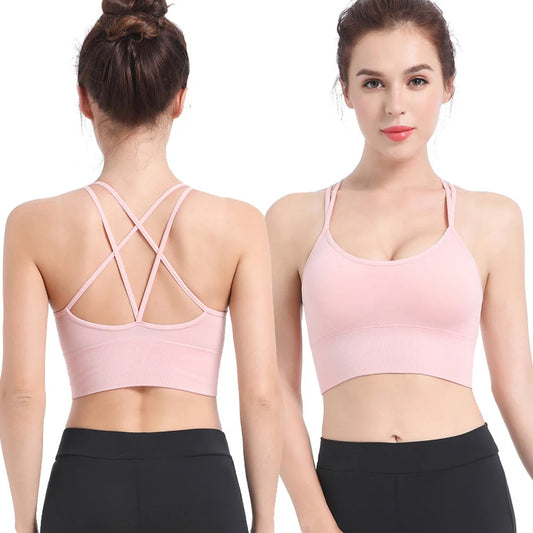 Soutien-gorge de sport à bretelles pour femme - Haut croisé sans coutures dans le dos