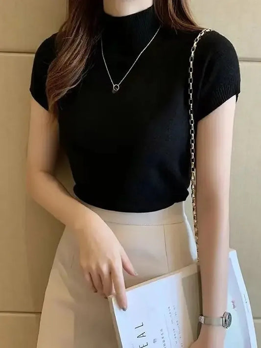 Women's Half-High Neck T-Shirt - Korean Style Solid Color Spring/Summer Top