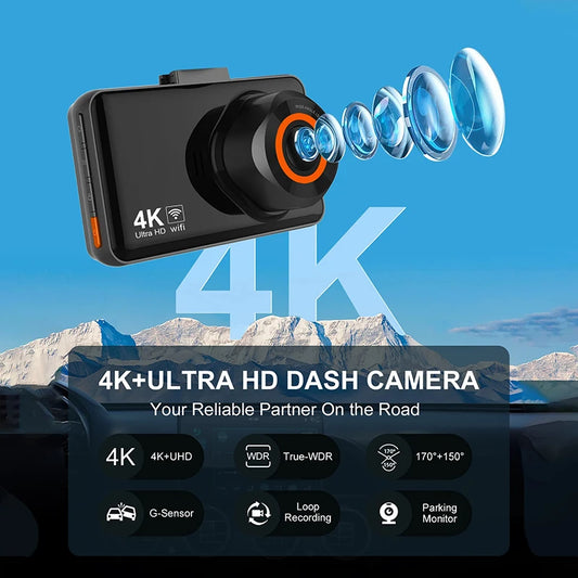 4K Dual Lens Dash Cam with Wi-Fi - Time-lapse - 24H Parking Monitor