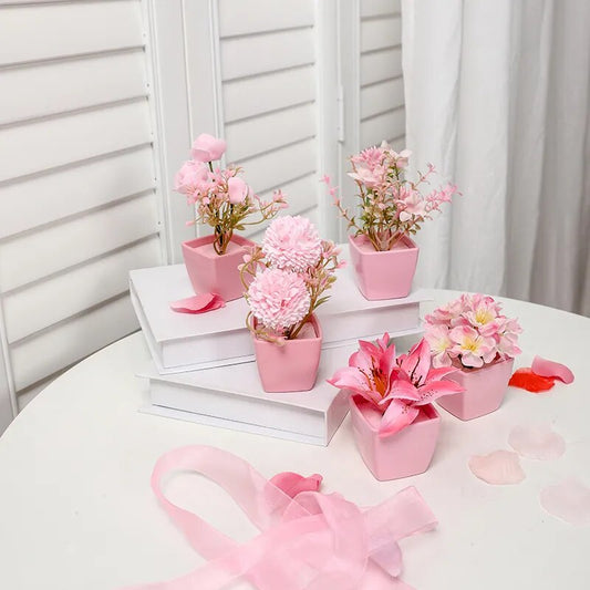 Mini Pink Artificial Flower Potted Plant Set