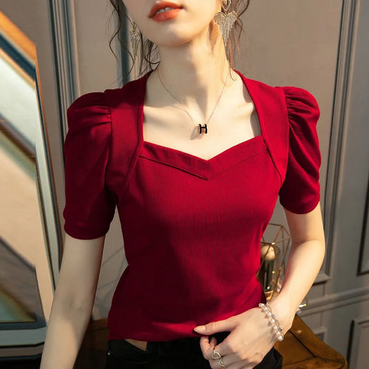 Slim Puff Sleeve Blouse with Square Collar