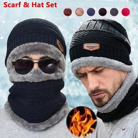 Knitted Winter Beanie with Scarf – Thick Wool Balaclava Cap