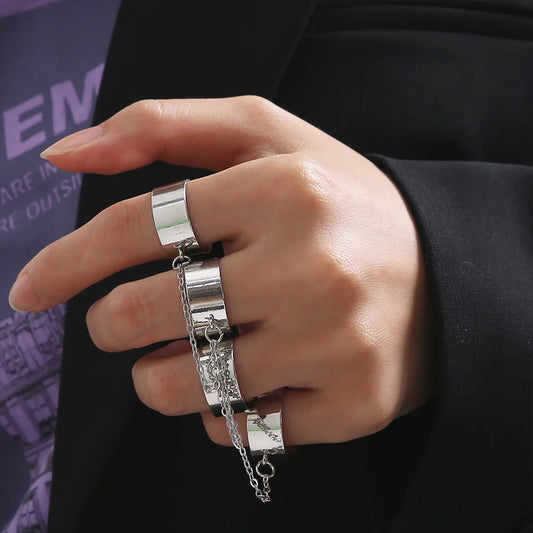 Punk Silver Chain Open Finger Rings Set