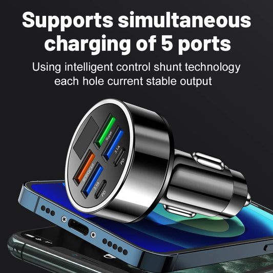 250W LED Car Charger - 5 Ports Fast Charge PD QC3.0/USB C