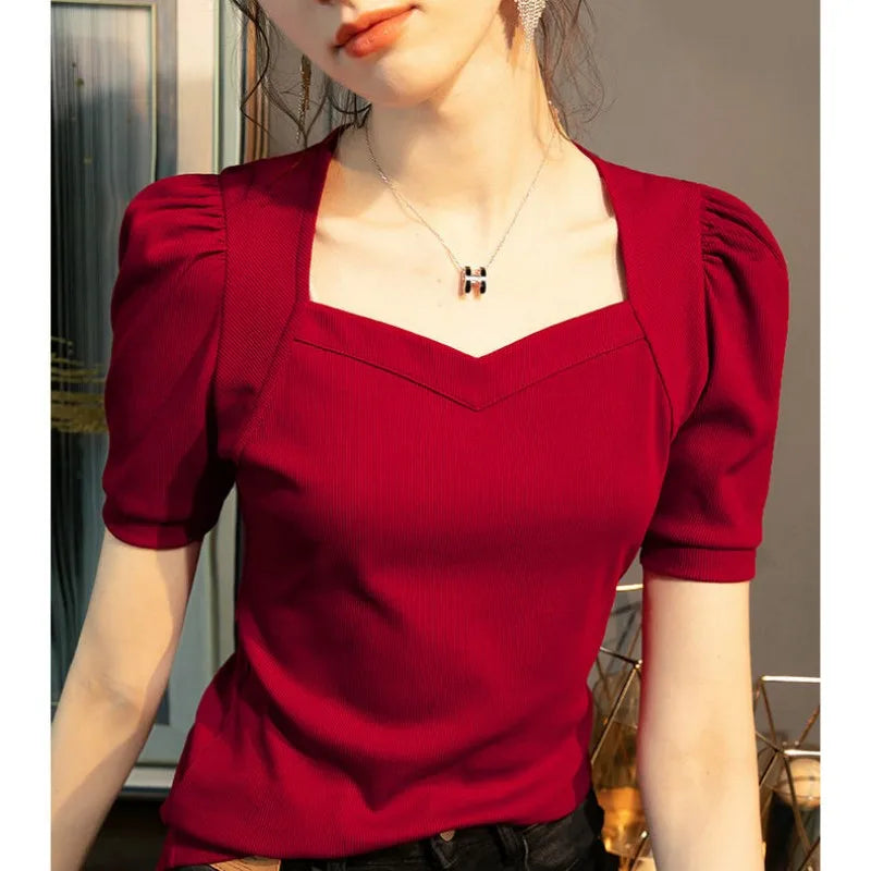 Slim Puff Sleeve Blouse with Square Collar