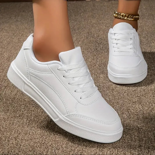Women's White Thick Sole Faux Leather Sneakers