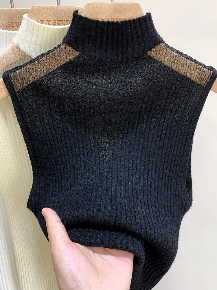 Gilet sans manches en tricot à demi-col pour femme