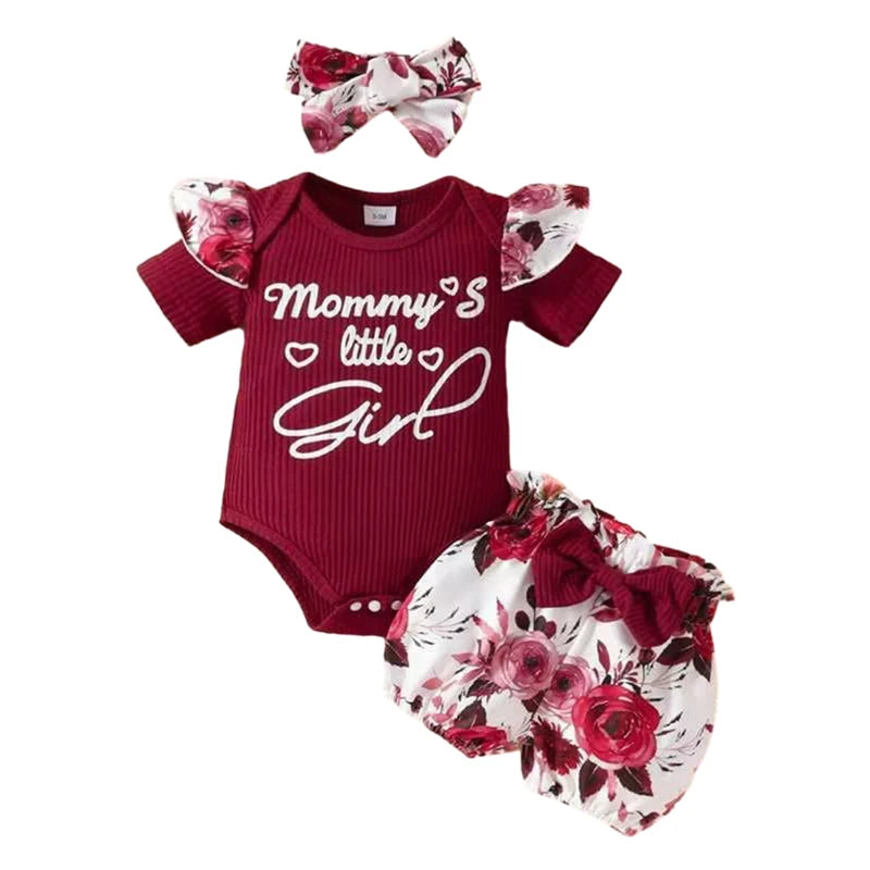 Letter Print Short Sleeve Rompers Sunflower Print Shorts Headband 3Pcs Clothes Set