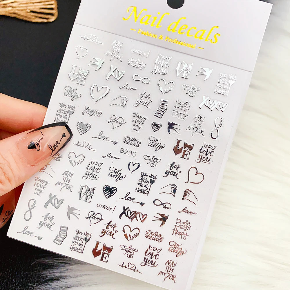 6 Sheets Metallic Silver Nail Stickers – 3D Star Chain Heart Self-Adhesive Nail Art Decals