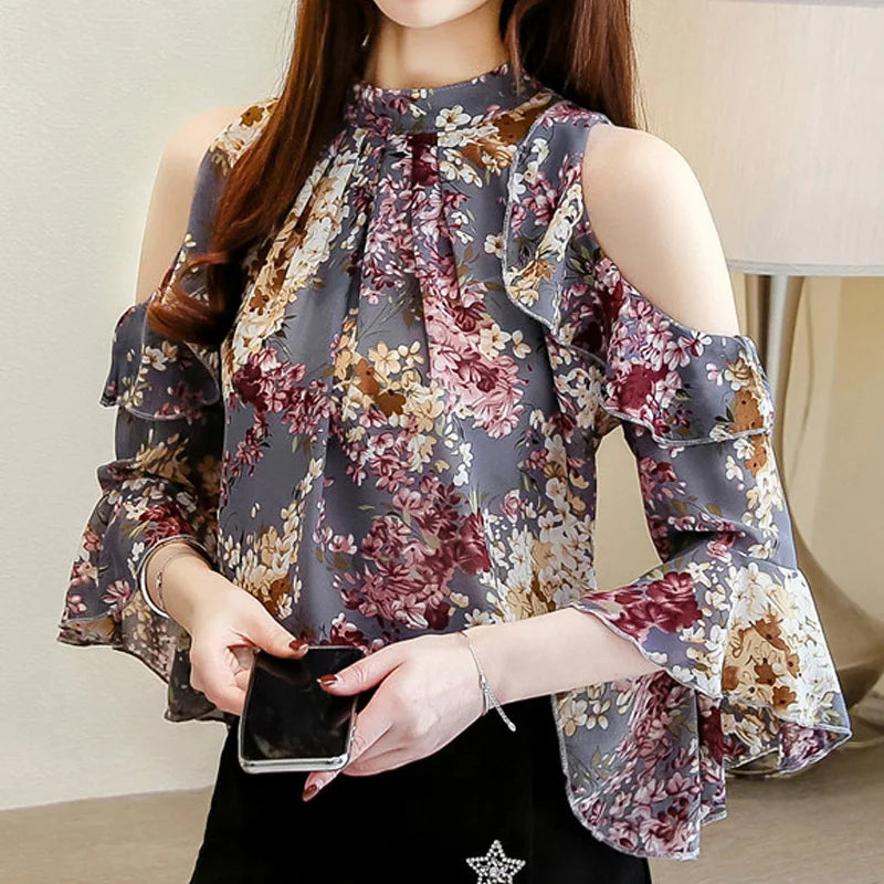 Chiffon Floral Prints Tops With Butterfly Sleeves