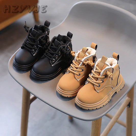 Kids' Winter Thickened Anti-Slip Leather Boots with Side Zipper