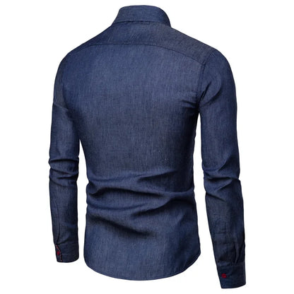 Men's Slim Fit Long Sleeve Shirt with Leather Pocket Panel