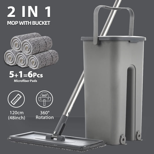 Hand Free Flat Floor Mop And Bucket Set For Professional Home Floor - Cleaning System With Washable Microfiber Pads For Hardwood
