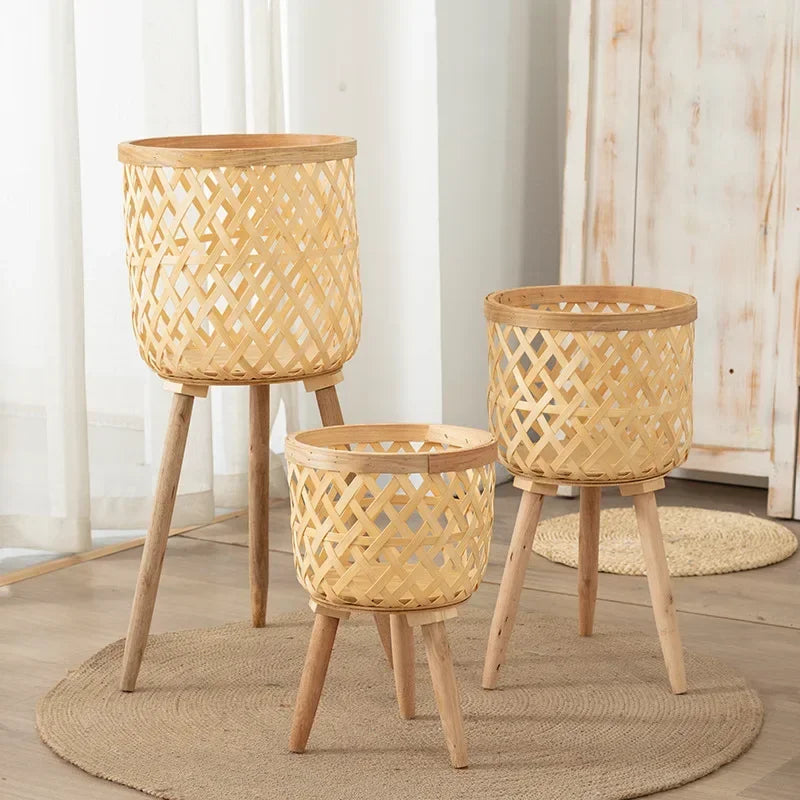 Bamboo Plant Stand with Handwoven Flower Pot
