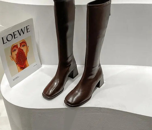 Bottes longues à talons hauts en cuir souple d'hiver pour femmes
