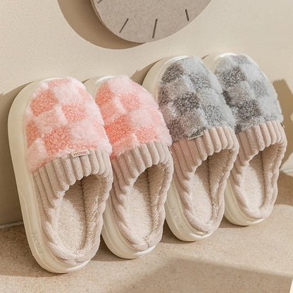 Winter Toe Wrap Warm Plaid Cotton Slippers Thick Soft Sole Slides