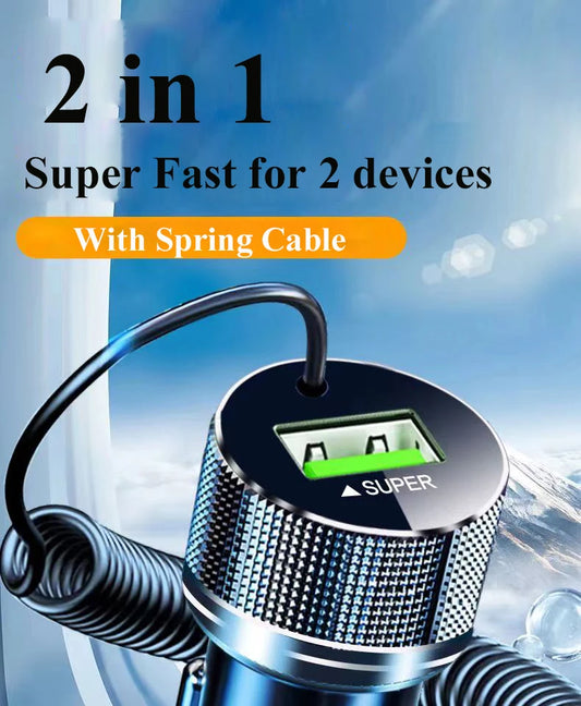 Chargeur de voiture USB-C 300 W avec câble à ressort – Charge ultra rapide