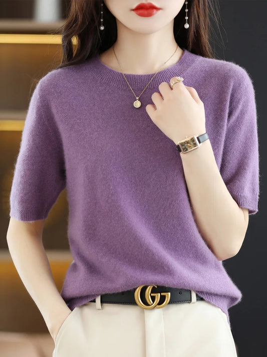 Women's Merino Wool O-Neck Knitwear Short Sleeve Sweaters