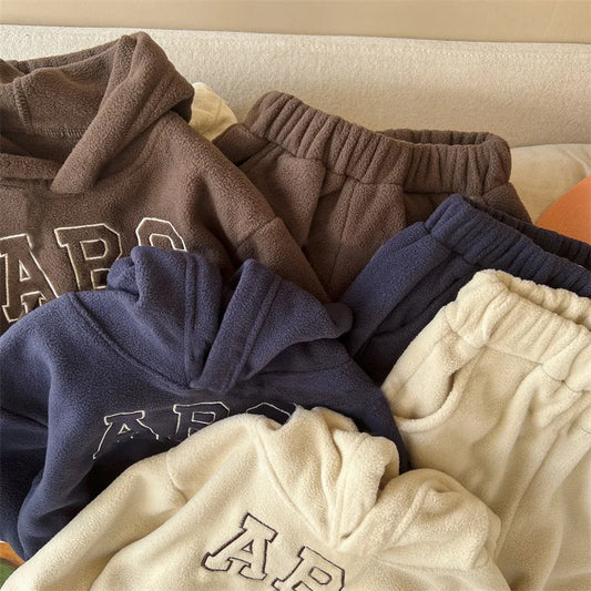 Children's Suit Autumn Winter Coat Hooded Sweater + Polar Fleece Pants 2pcs Set Boy Girls Casual Athletic Wear