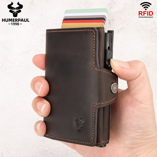 RFID Genuine Leather Pop-Up Card Wallet for Men