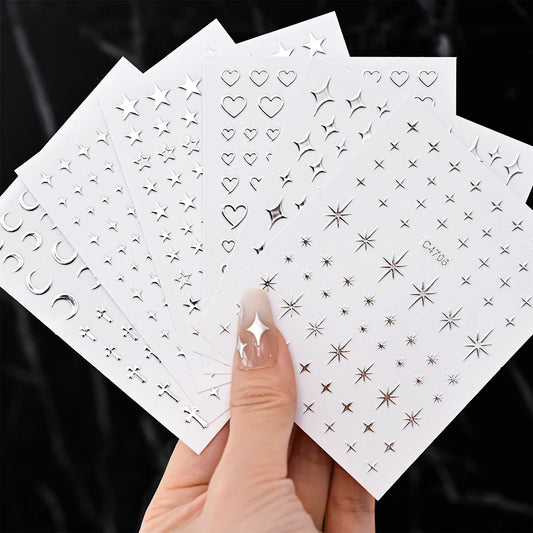 6 Sheets Metallic Silver Nail Stickers – 3D Star Chain Heart Self-Adhesive Nail Art Decals