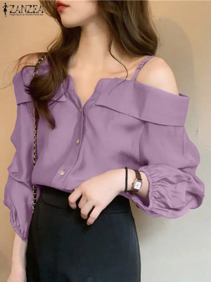 Sexy Casual Tops with Button Straps - Off-Shoulder Blouse