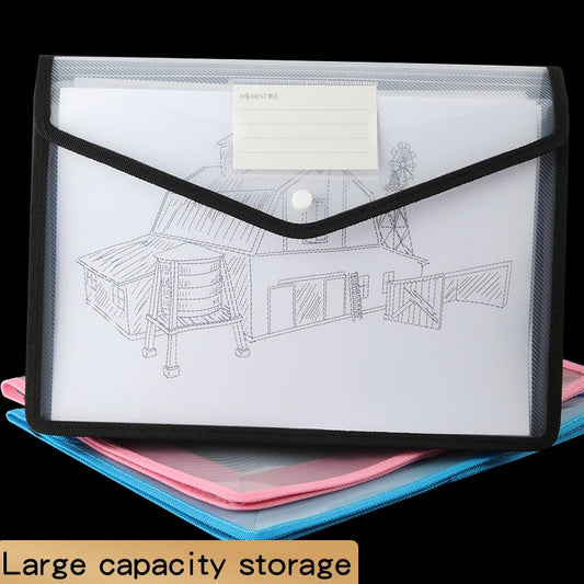 Waterproof A4 Transparent File Folder - Press Button Plastic Document Bag for Office Supplies