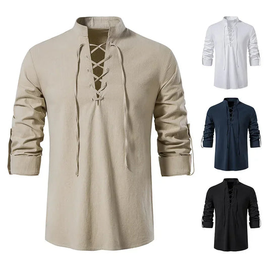 Men's Casual Long Sleeve V-Neck Lace-Up Top