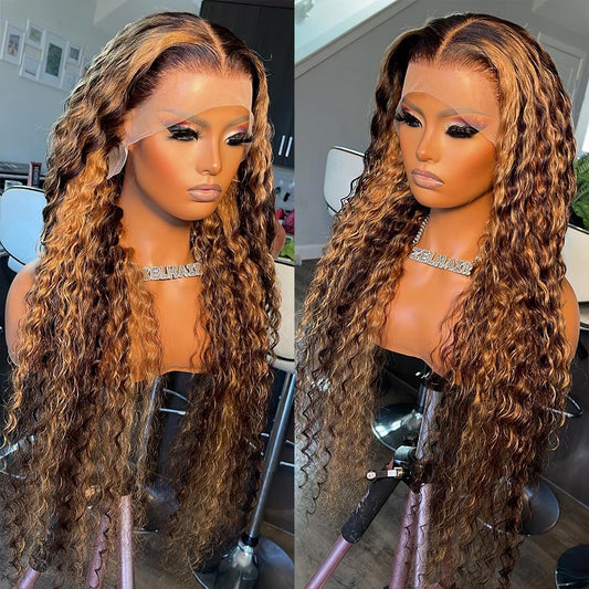 Curly Honey Brown Deep Wave Frontal Lace Human Hair Wig