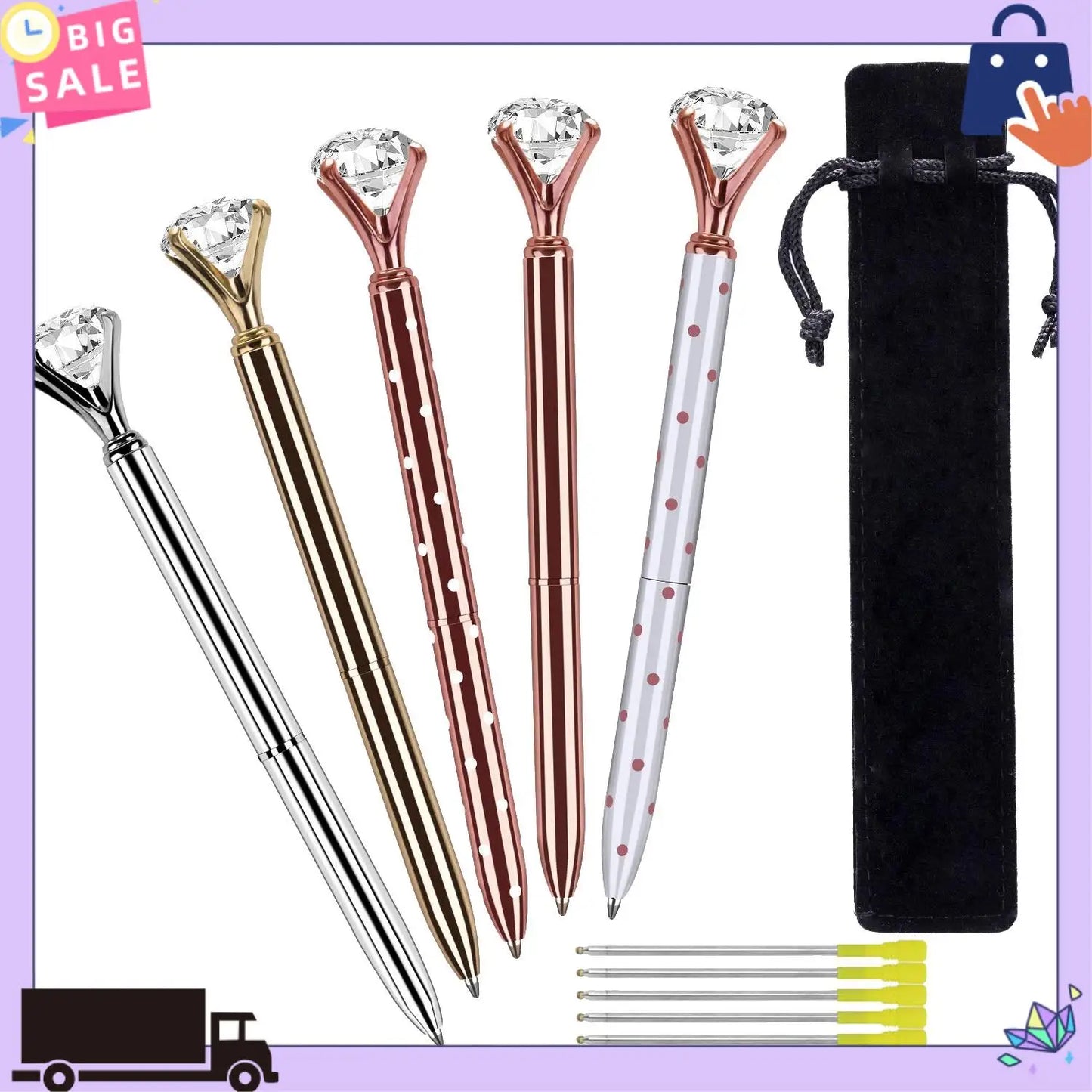 Large Diamond Crystal Ballpoint Pen - 1.0mm Metal Nib, Rhinestone Embellished