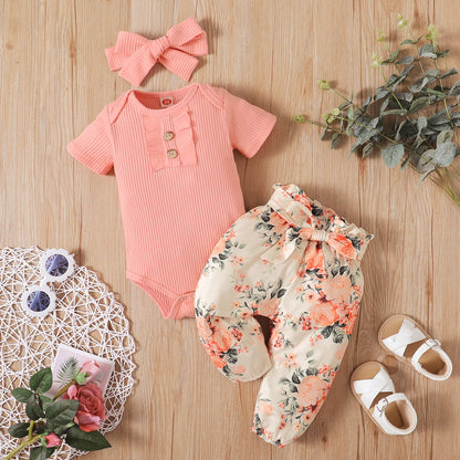Baby Girl's Floral Print Round-neck Short-sleeve Set with Halter Button