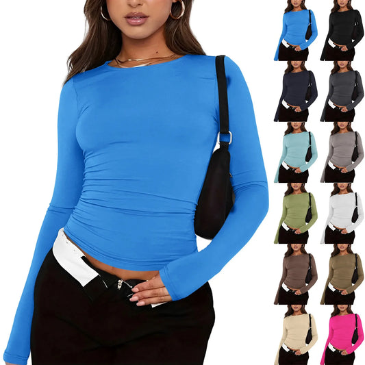 Women's Solid Color Round Neck Long Sleeve Top - Dressy Fashion Blouse