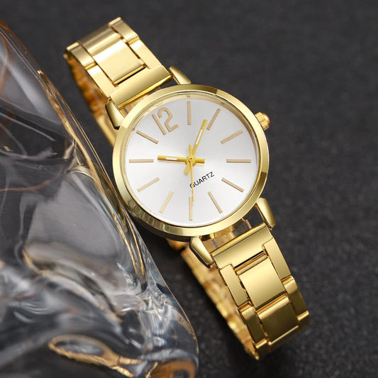2PCS Women's Gold Steel Band Quartz Wristwatch
