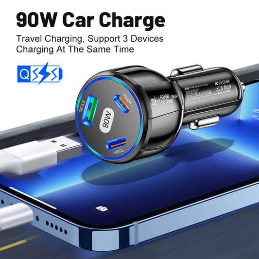 Chargeur rapide 90W Adaptateur de charge de voiture USB PD 3 ports - Chargeur rapide