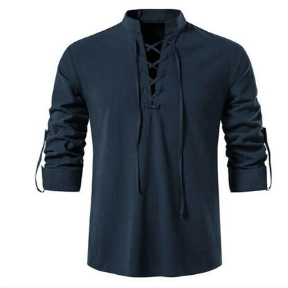 Men's Casual Long Sleeve V-Neck Lace-Up Top