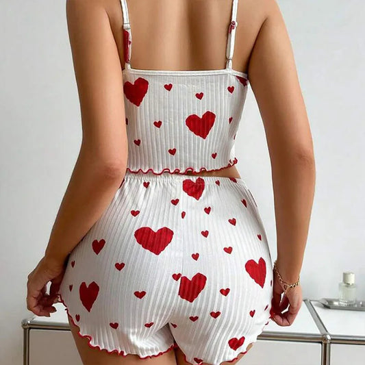 Women's Pajamas Set 2-Piece Sleepwear White Soft Tank Top and Shorts Love Print