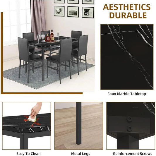 Ensemble de salle à manger 5 pièces en faux marbre avec 4 chaises en PU