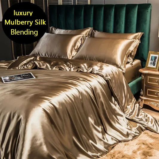 Blended Natural Mulberry Silk Bedding Set – Satin Silky Queen Duvet Cover & Sheets