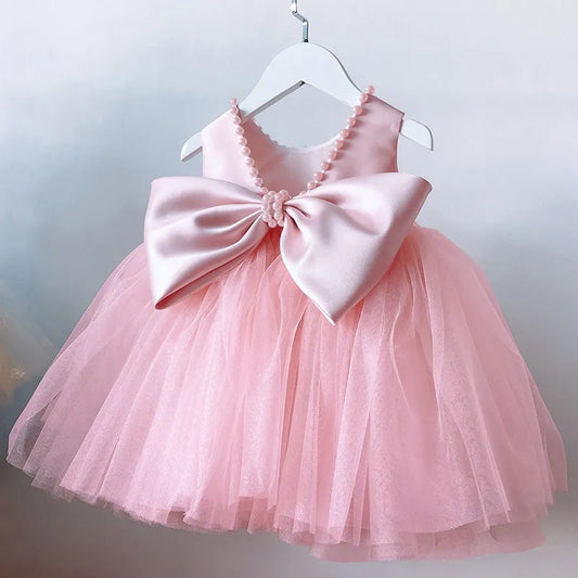 Backless Bow Baptism Gown Princess Dress for Toddler Girls