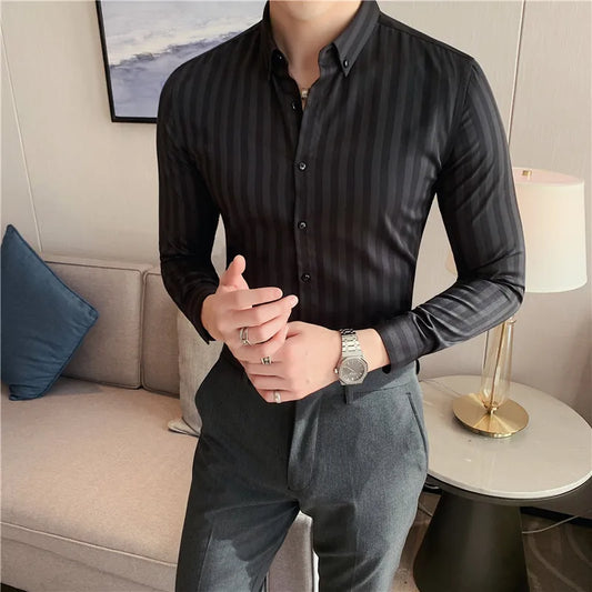 Chemise habillée à rayures verticales pour hommes, coupe slim