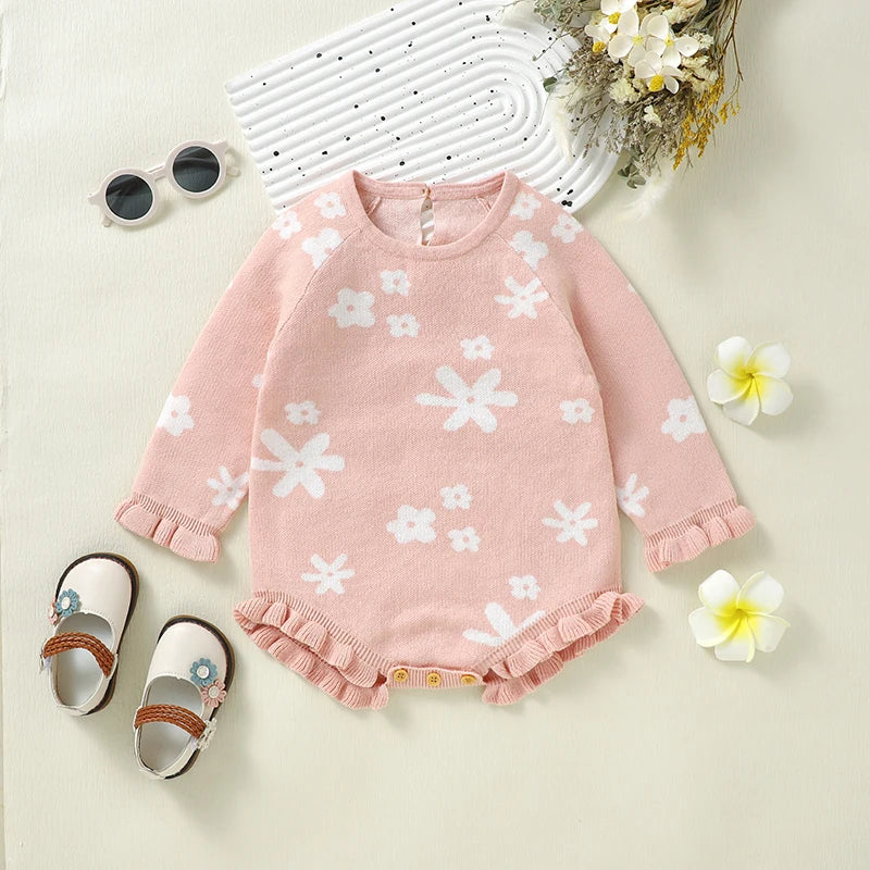 Baby Girls Cotton Floral Bodysuit – Long Sleeve Newborn Onesie 0-18M