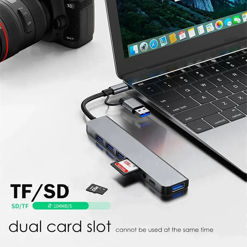 USB C Hub Aluminum 7-in-1 USB Extender USB 3.0 Splitter with 1 x USB 3.0, 4 x USB 2.0, 2 x USB-C Ports