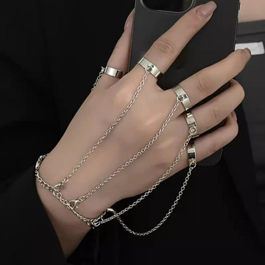 Punk Geometric Silver Chain Bracelet Rings Set