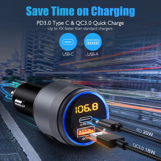 Bluetooth 5.1 FM Transmitter with PD 20W & QC3.0 Charger