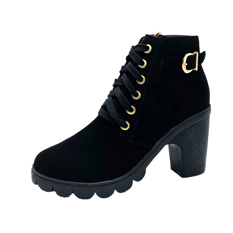 Women's Winter Belt Buckle Lace Up High Heels Boots