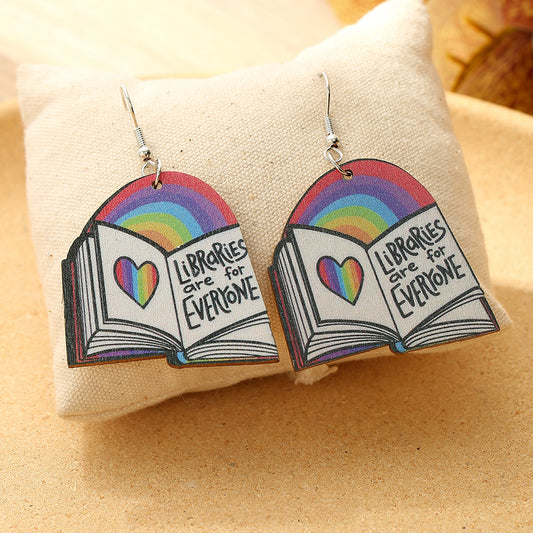 Women Geometric Rainbow Book Earrings Wooden